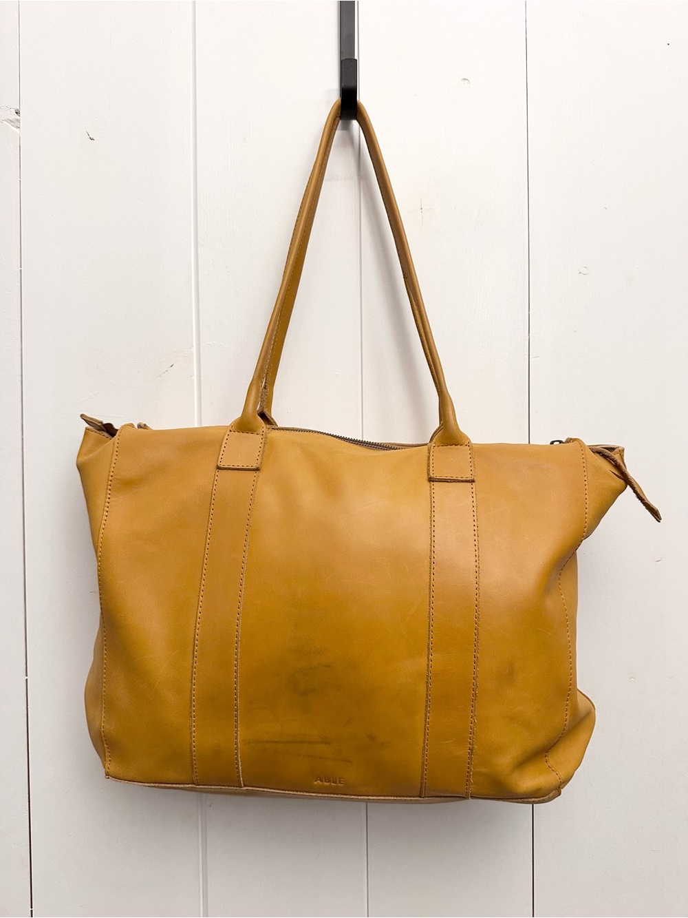 ABLE Genuine Leather Zip Top Tote Bag Cognac Tan Large Shoulder Bag